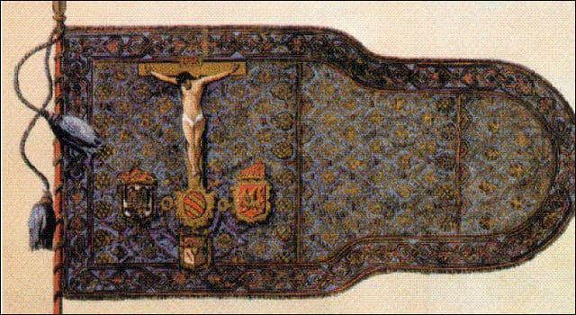 The banner of the Holy League, flown by John of Austria on his flagship Real. It is made of blue damask interwoven with gold thread, of a length of 7.3 m and a width of 4.4 m at the hoist. It displays the crucified Christ above the coats of arms of Pius V, of Venice, of Charles V, and of John of Austria. The coats of arms are linked by chains symbolizing the alliance.