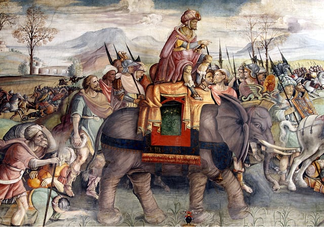 Hannibal's celebrated feat in crossing the Alps with war elephants passed into European legend: detail of a fresco by Jacopo Ripanda, c.  1510, Capitoline Museums, Rome.