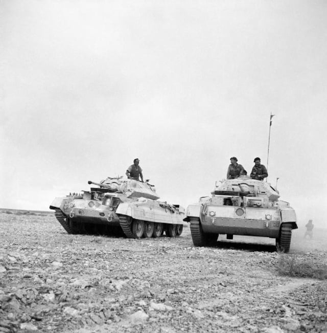 Crusader I tanks in Western Desert, 26 November 1941, with "old" gun mantlets and auxiliary Besa MG turret. These were the tanks predominantly used by the 7th Hussars in North Africa.