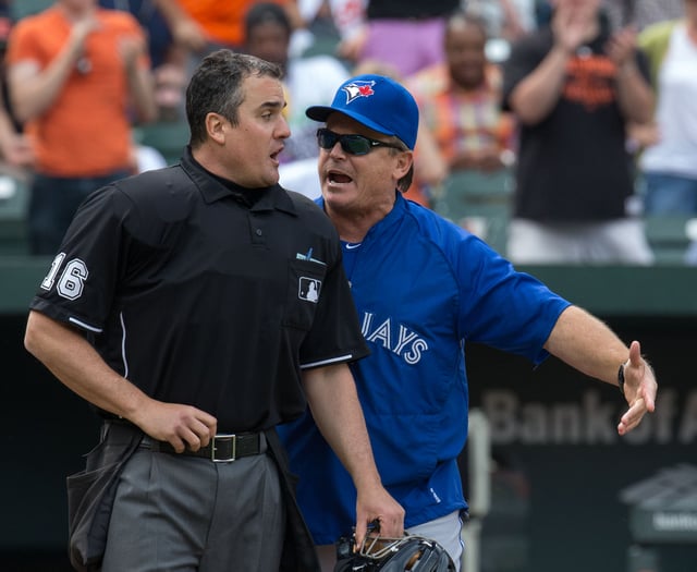 John Gibbons arguing with umpire Mike DiMuro. He returned as the Blue Jays manager prior to the start of the 2013 season.