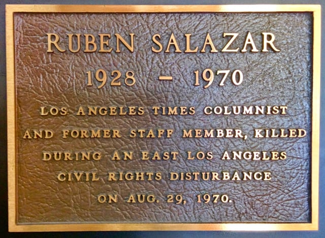 A plaque honoring Ruben Salazar mounted in the Globe Lobby of the Los Angeles Times Building in downtown Los Angeles.