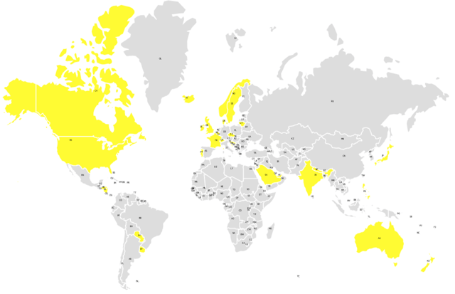 World map indicating Snapchat's core users by country in 2014.