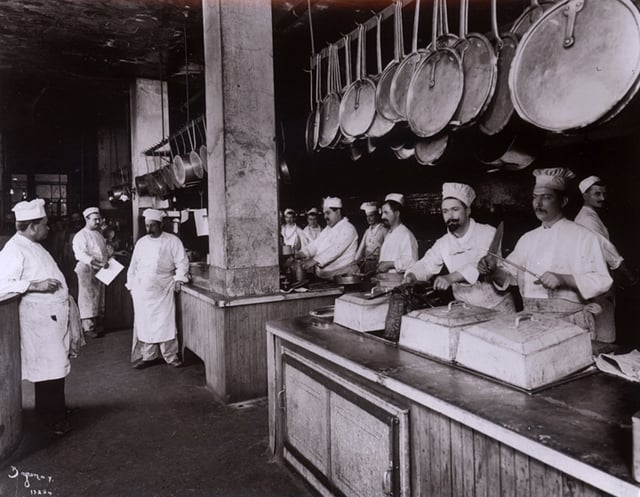Workers in the kitchen at Delmonico's Restaurant, New York, United States, 1902.