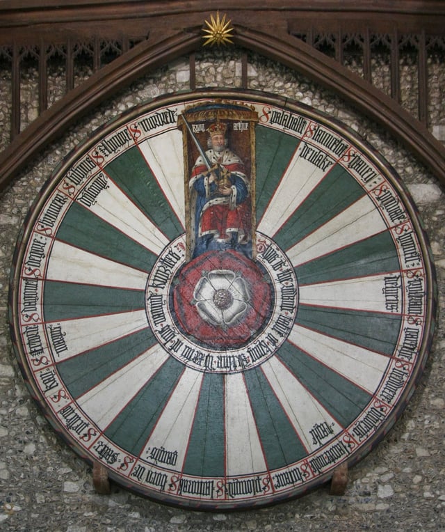 Round table, made by Edward, now hung in Winchester Castle. It bears the names of various knights of King Arthur's court