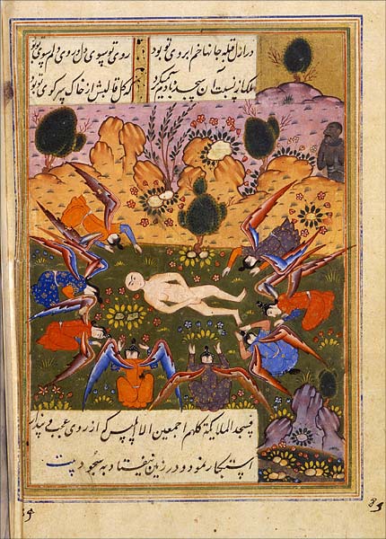 Angels bow before the newly created Adam, but Iblis (top right on the picture) refuses to prostrate