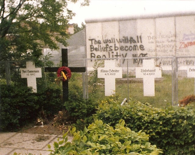 Memorial to the Victims of the Wall, with graffiti, 1982.