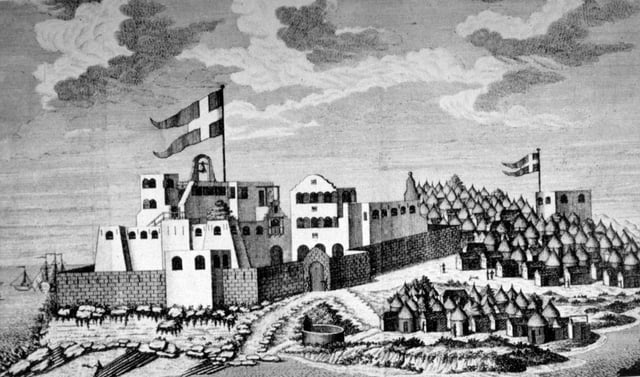 A contemporary drawing of the Danish empire fort, Fort Christiansborg, now Osu Castle. The outpost to the right is Fort Prøvestenen