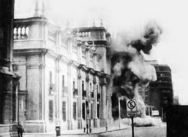 Fighter jets bombing the Presidential Palace of La Moneda during the Chilean coup of 1973