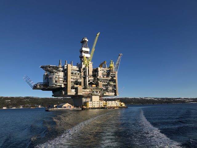 The Hebron oil platform, before it is towed out to the Grand Banks
