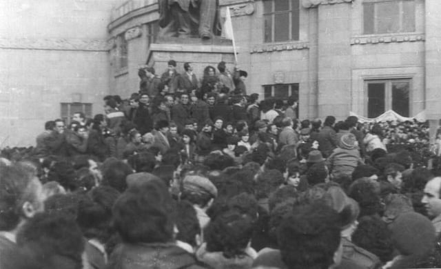 Armenians gather at Theater Square in central Yerevan to claim unification of Nagorno-Karabakh Autonomous Oblast with the Armenian SSR.