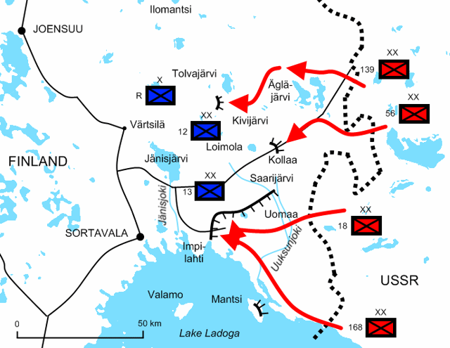 Battles in Ladoga Karelia, north of Lake Ladoga: the attack of the Soviet 8th Army was halted at the Finnish defensive line on 12 December 1939.  Finnish brigade (X) or division (XX)  Soviet division (XX)