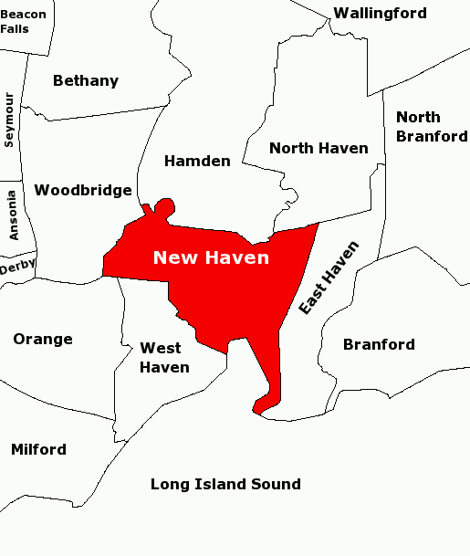 Map of towns in the New Haven area