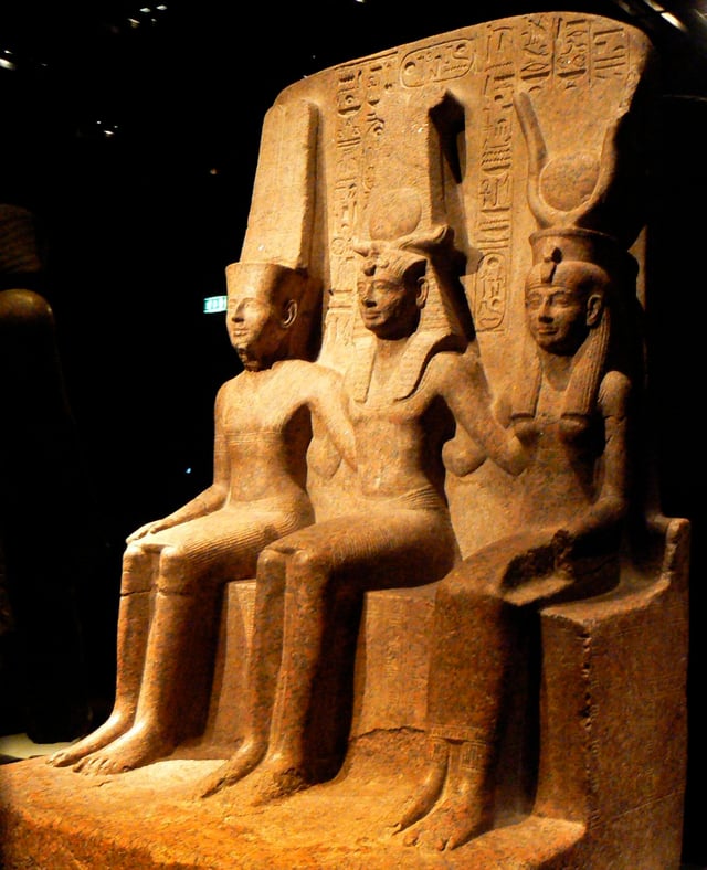 Statue of Ramesses II with Amun and Mut at the Museo Egizio of Turin, Italy.