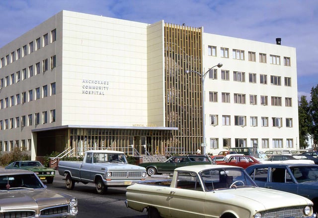 Anchorage Community Hospital as it appeared in August 1972. The building is called the Arne Beltz Building and houses the municipal health department.