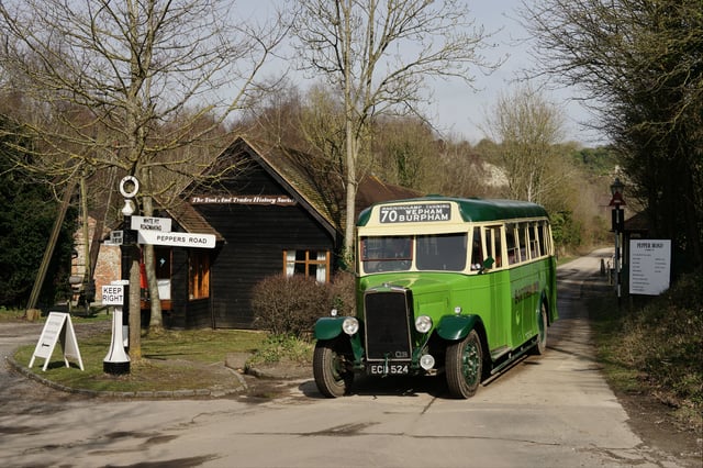 Southdown Leyland Cub No. 524 passes the Tool and Trades History Society Building