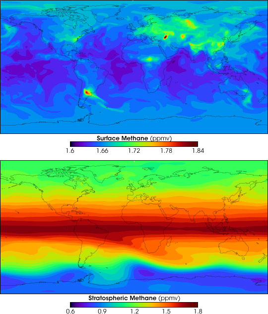 Global methane concentrations (surface and atmospheric) for 2005; note distinct plumes
