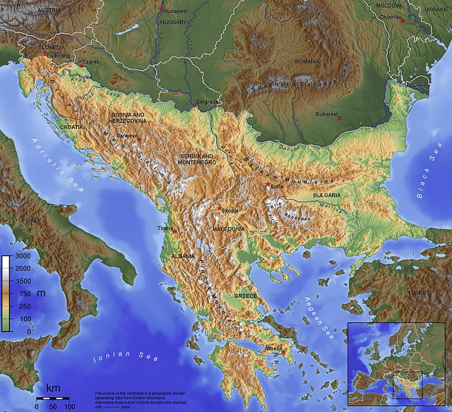 The Balkan Peninsula, as defined by the Soča–Vipava–Krka–Sava–Danube border.