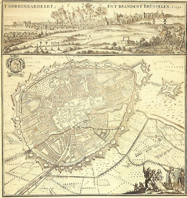 Bombardment of Brussels 1695. Fortifications consisted of low-level, geometric earthworks; the ground plan was polygonal with a pentangle bastion at each salient angle, covered by ravelins, hornworks, crownworks, demi-lunes.