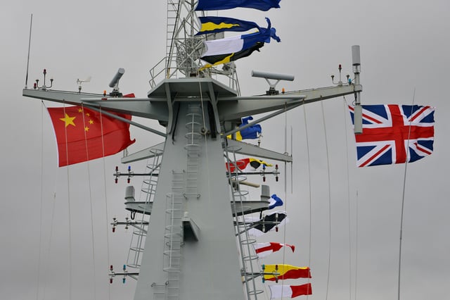 Union Flag flies from the PLAN ship Changbai Shan during a visit to Portsmouth in 2015