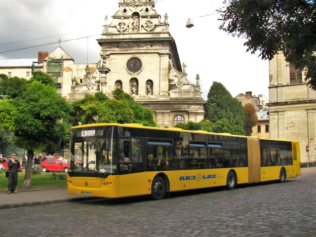Large bus "CityLAZ-20LF" on route number 5 on the Halytska square