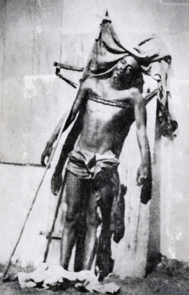 The body of caco leader Charlemagne Péralte on display after his execution by US forces; the image had the opposite effect, with the resemblance to a crucifixion gaining Péralte the status of national martyr