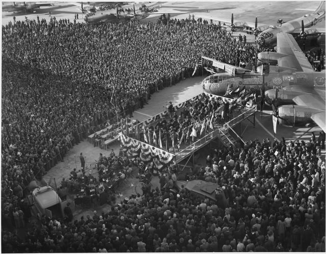 1000th B-29 delivery ceremony at Boeing Wichita plant in February 1945.
