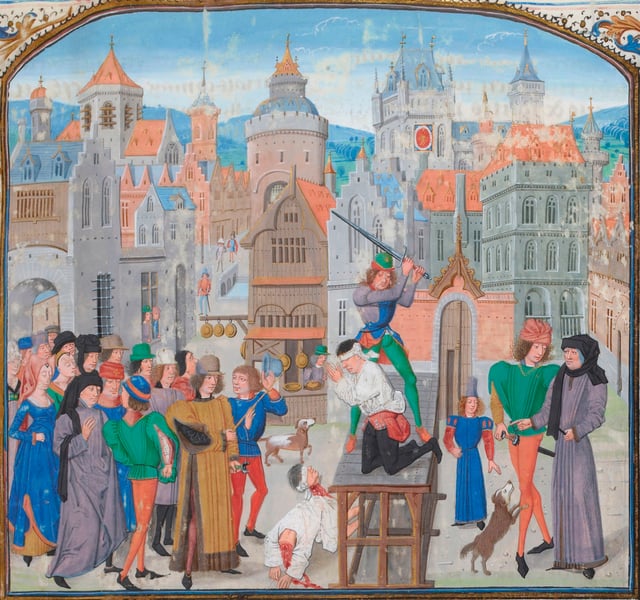 Beheadings in an illumination from Froissart's Chronicles from the beginning of the 15th century – the execution of Guillaume Sans and his secretary in Bordeaux on the orders of Thomas Felton