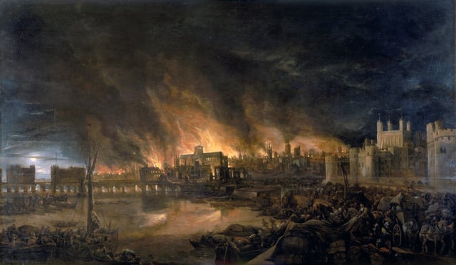 The 1666 Great Fire as depicted in a 17th-century painting: it depicts Old London Bridge, churches, houses, and the Tower of London as seen from a boat near Tower Wharf