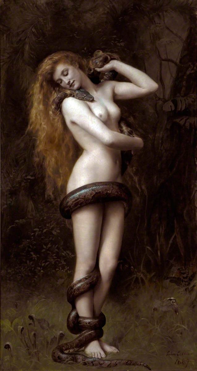 In Lilith by John Collier (1892), the female demon Lilith is shown personified within the Garden of Eden