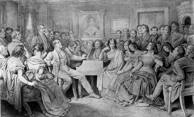 The piano was the centrepiece of social activity for middle-class urbanites in the 19th century (Moritz von Schwind, 1868). The man at the piano is composer Franz Schubert.