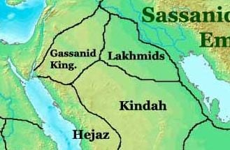 The Near East in 565, showing the Ghassanids, Lakhmids, Kindah and Hejaz