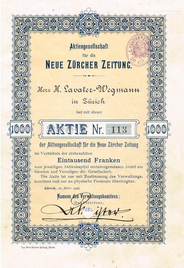 Registered share of the AG für die Neue Zürcher Zeitung, issued on 16 March 1906.