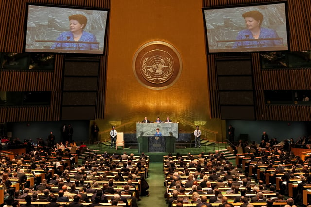 Brazilian President Dilma Rousseff delivers the opening speech at the 66th Session of the General Assembly on 21 September 2011, marking the first time a woman opened a United Nations session.