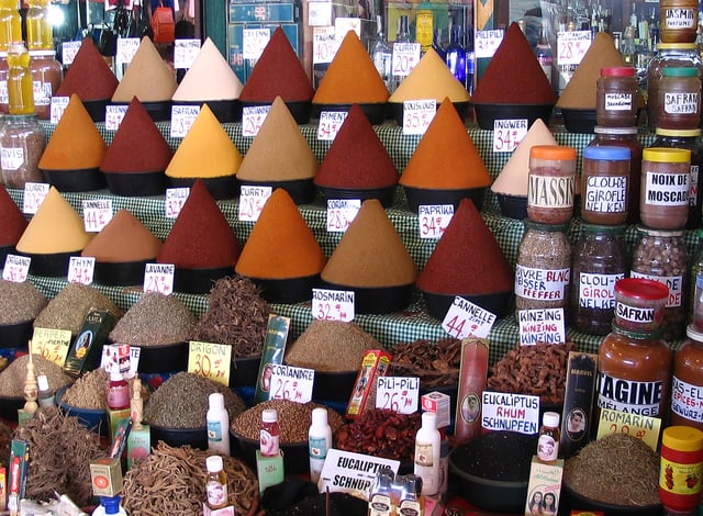 Spices at a central market in Agadir, Morocco