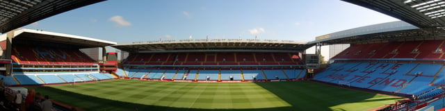 A panorama of Villa Park from the Trinity Road Stand, showing from left to right the North Stand, the Doug Ellis Stand and the Holte End
