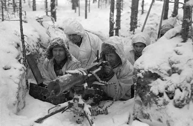 Finnish machine gun nest aimed at Soviet Red Army positions during the Winter War, February 1940