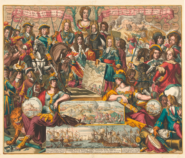 Allegory of the victory of the Grand Alliance at Schellenberg in 1704. The bust of Queen Anne at the top is surrounded by Allied leaders.