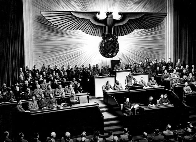 Adolf Hitler speaking at the Kroll Opera House in Berlin to members of the Reichstag about war in the Pacific, 11 December 1941