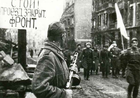 Blindfolded German army officers walking to negotiate the capitulation of Festung Breslau, 6 May 1945