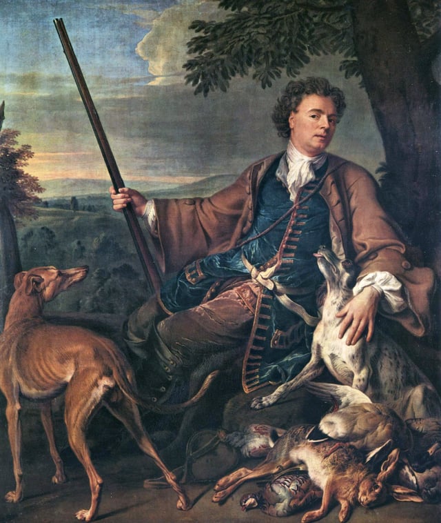 Artist Alexandre-François Desportes in hunting costume. His blue waistcoat has wide buttonholes, and he wears his own hair for outdoor activity. Self-portrait, 1699.