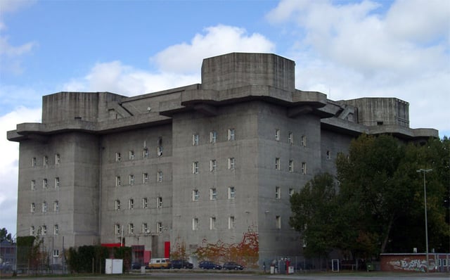 Flakturm on the Heiligengeistfeld in Hamburg – one of four enormous fortress-like bunkers which were built of reinforced concrete between 1942 and 1944 and equipped with anti-aircraft artillery for air defense