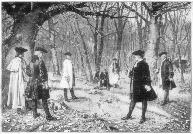 Drawing (c. 1902) of the Burr–Hamilton duel, from a painting by J. Mund