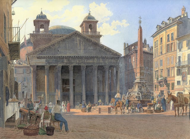 An 1836 view of the Pantheon by Jakob Alt, showing twin bell towers, in place from early 17th to late 19th centuries.