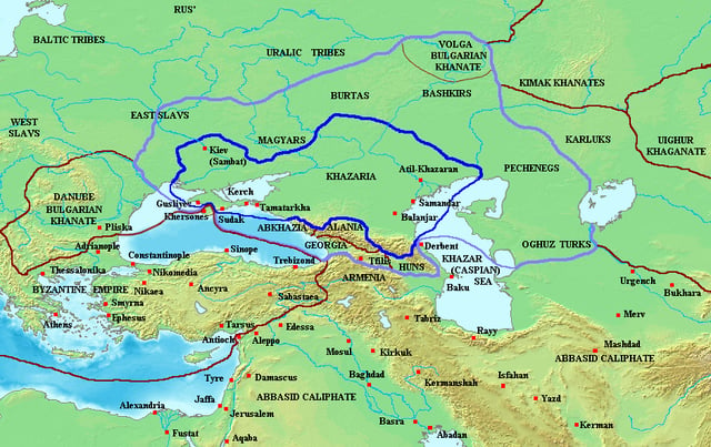 Khazar Khaganate and surrounding states, c. 820 (area of direct Khazar control in dark blue, sphere of influence in purple).