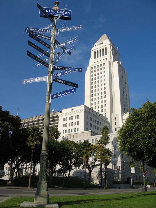 A sign near City Hall points to the sister cities of Los Angeles.