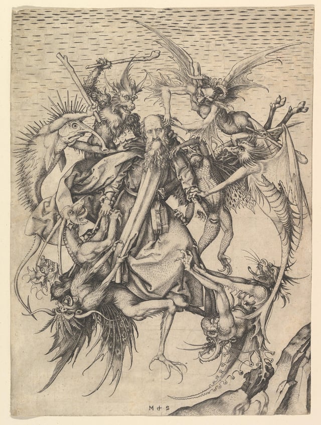 St. Anthony the Great plagued by demons, engraving by Martin Schongauer in the 1480s.