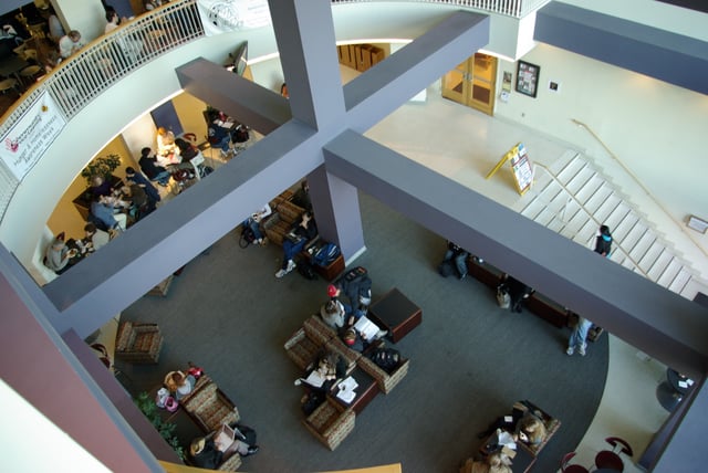 Atrium of Stamp Student Union, near the food court and co-op