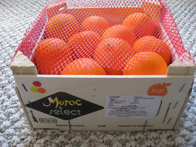 Crate of clementine (mandarin) oranges from Morocco.