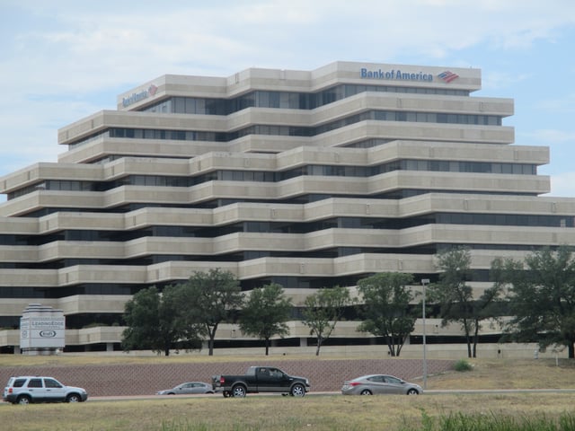 Pyramid-shaped former Bank of America branch building towers over Interstate 410 in San Antonio, Texas.