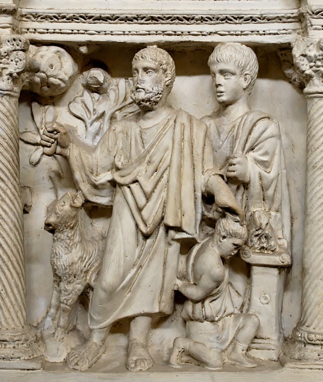 16th century plaster cast of a late Roman era Sacrifice of Isaac. The hand of God originally came down to restrain Abraham's knife (both are now missing).